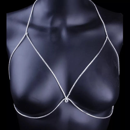 Crystal Rhinestone Single Layered Cross Bra Statement Body Chain Jewelle