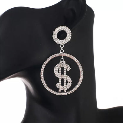 Dollar Sign Statement Diamante Rhinestone Dangle Earrings