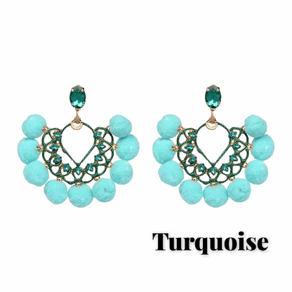 Bohemian Fan Shaped Pom Pom Balls Colourful Rhinestones Retro Earrings