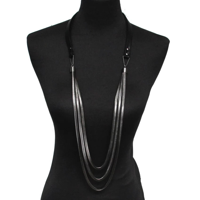 Multi Layered Leather And Snake Mental Tassels Chain Long Necklaces