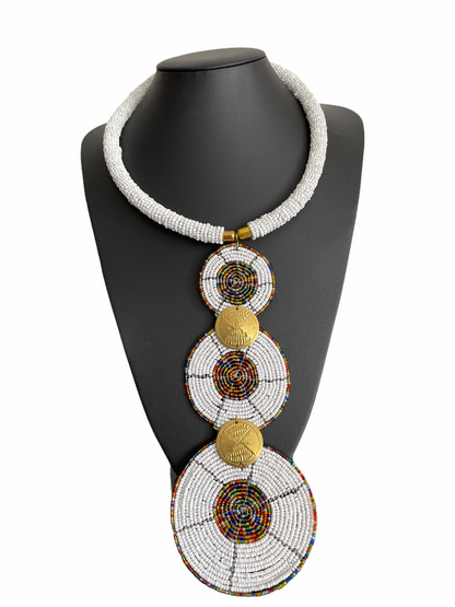 Authentic AfricanTribal Ethnic Fashion Beaded Disc Pendant Necklace