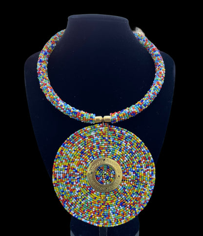 Multicoloured BeadedTribal Ethnic African Elegant Disc Pendant Necklaces