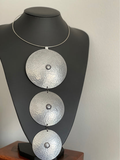 Authentic African Hammered Silver Metal Long Pendant Necklace