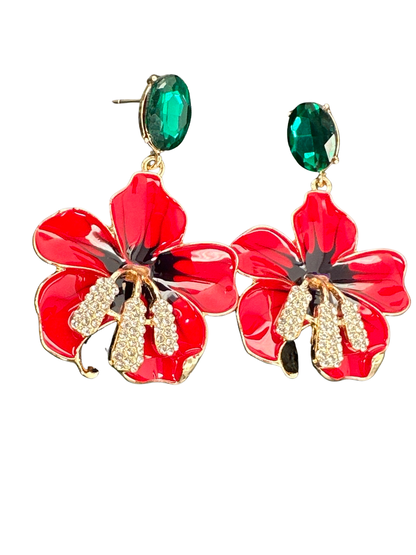 Gorgeous Red Flower Design Metal Rhinestone Statement Dangle Earrings