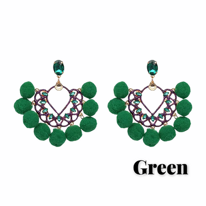 Bohemian Fan Shaped Pom Pom Balls Colourful Rhinestones Retro Earrings