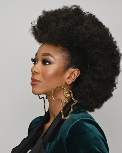 Large oversized Gold Plated Africa Map Shaped Queen Nefertiti Statement Earrings