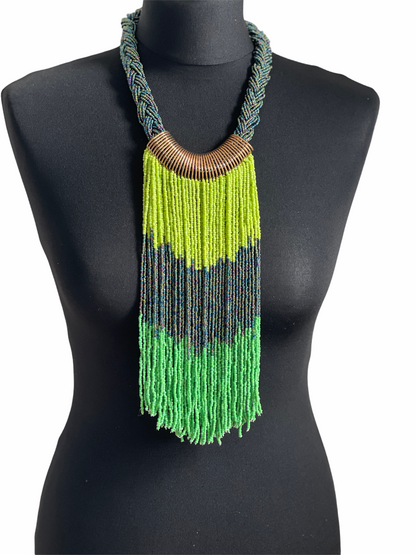 Authentic Green African Beaded Tribal Ethnic Fringe Tassel Brass Pendant