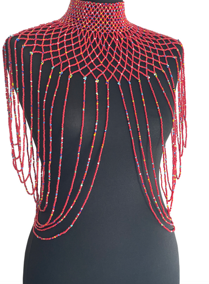 Red Authentic Maasai Zulu Ethnic Beaded Collar Shoulder Body Jewelle