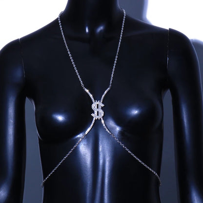 Crystal Rhinestone Dollar SignCentred Bra Bracket Underwear Statement Body Chain