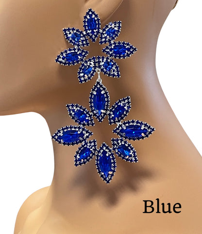 Long Glamorous Diamante Rhinestone Flower Stud Earrings