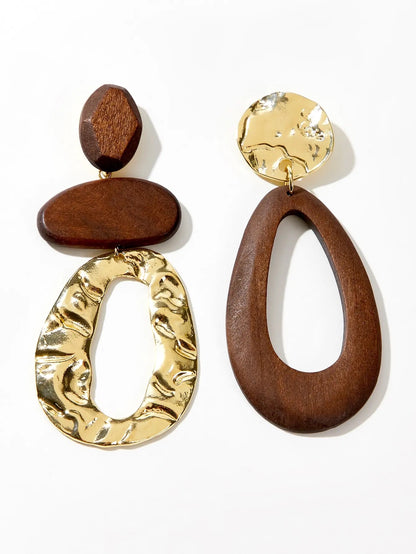 Long Wooden Asymmetric Designed Ethnic Dangle Stud Earrings