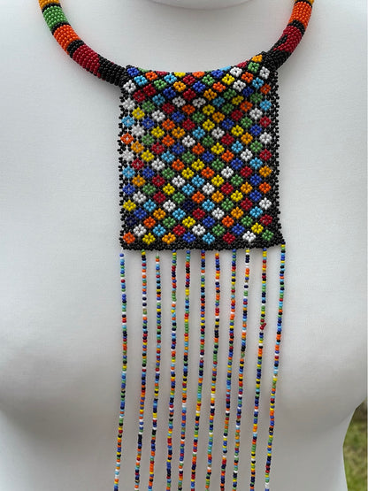Authentic Multicoloured Long Fringe Tassels Zulu Tribal Ethnic Beaded Necklace