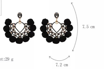 Bohemian Fan Shaped Pom Pom Balls Colourful Rhinestones Retro Earrings