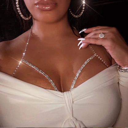 Crystal Rhinestone Double Layered Cross Bra Statement Body Chain Jewelle