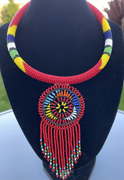 African Zulu Inspired Beaded Tassel Pendant Necklace