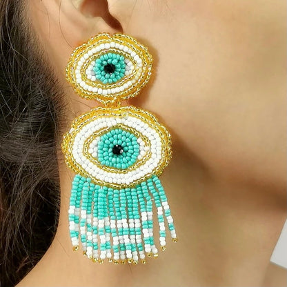 Beautiful Bohemian Tribal Eye Beaded Tassel Dangle Earrings