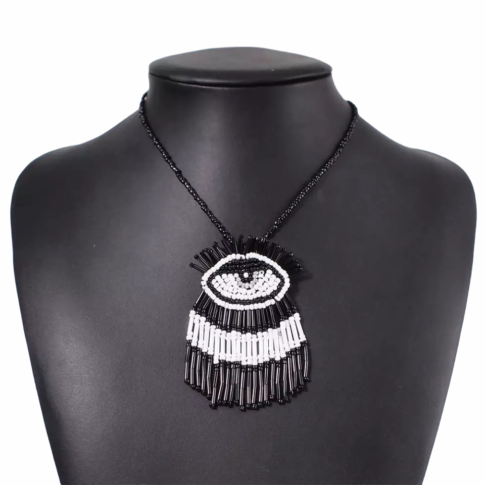 Tribal Ethnic Style Beaded Eye Tassel Pendant Disc Necklace