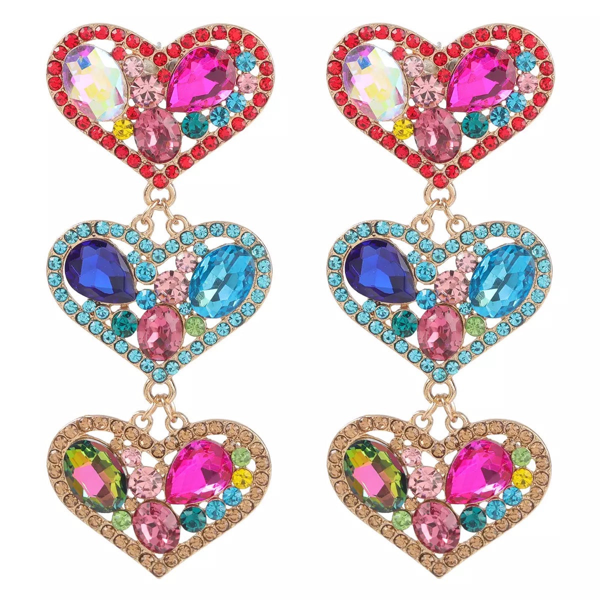 Long Luxury Rhinestones Crystal Heart Shaped Dangle Statement Earrings