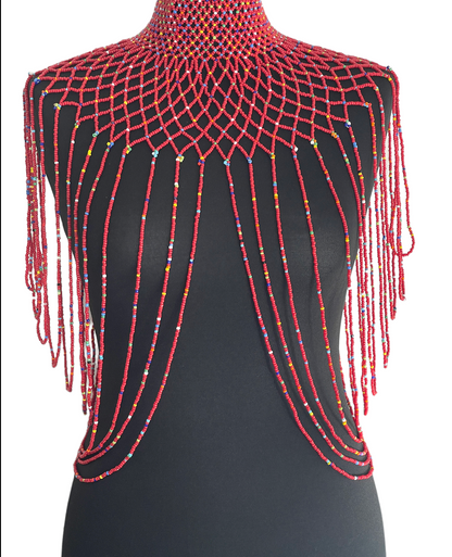 Red Authentic Maasai Zulu Ethnic Beaded Collar Shoulder Body Jewelle