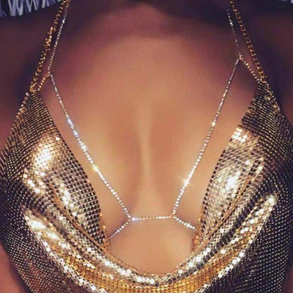 Crystal Rhinestone Single Layered Cross Bra Statement Body Chain Jewelle