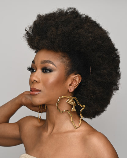 Large oversized Gold Plated Africa Map Shaped Queen Nefertiti Statement Earrings