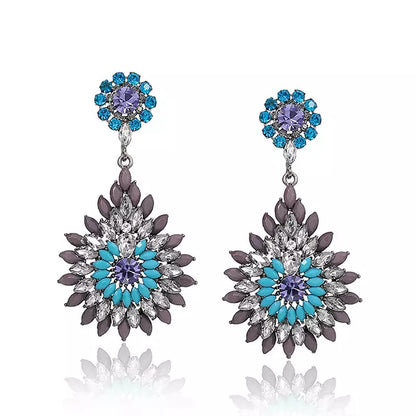 Elegant Diamante Rhinestone Sparkle Long Flower Teardrop Statement Earrings