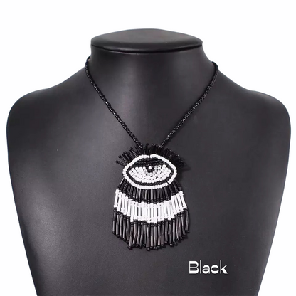 Tribal Ethnic Style Beaded Eye Tassel Pendant Disc Necklace