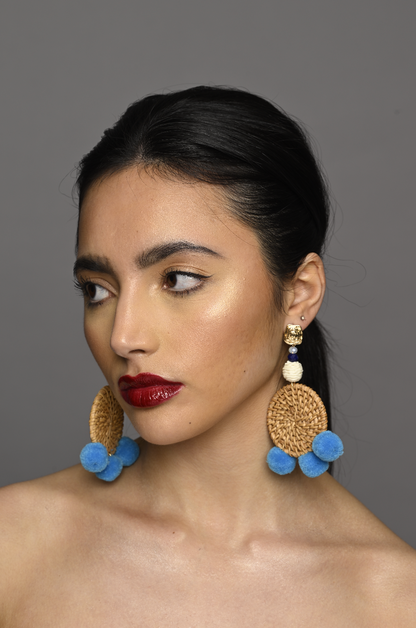 Straw Rattan Pom PomTassels Earrings