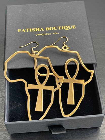 Large Africa Map Shaped Ankh Key Dangle Statement Earrings