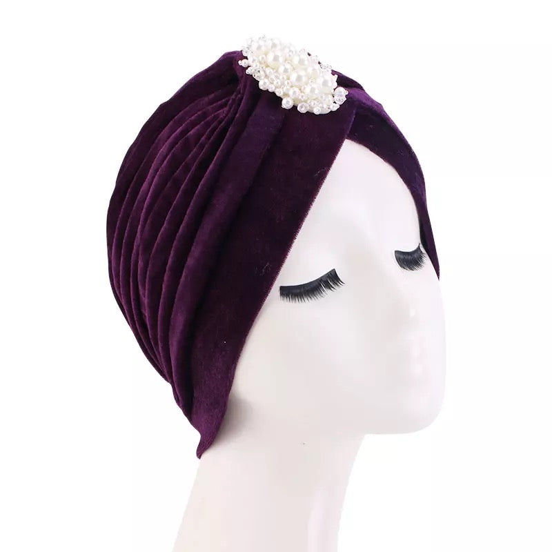 Elegant Pre Tied Centred Beads Lightweight Velvet Fabric Ready to Wear Caps