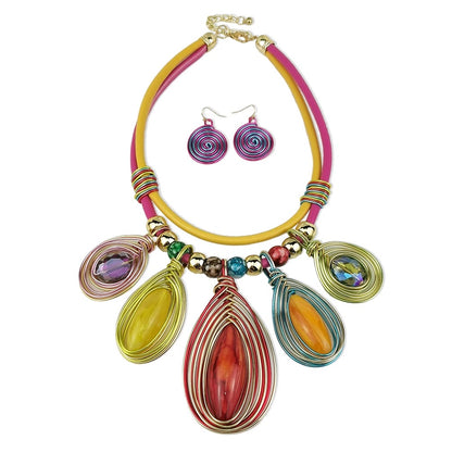 Bohemian Colourful Crystal Beads Twisted Wire Ethnic Statement Pendant Set