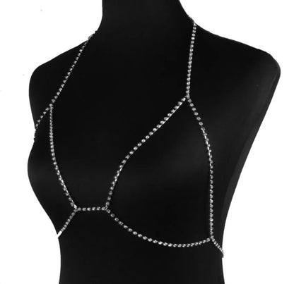 Crystal Rhinestone Single Layered Cross Bra Statement Body Chain Jewelle