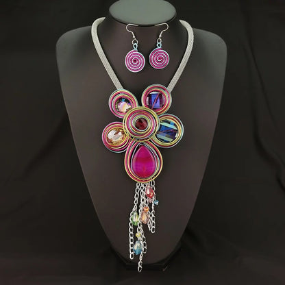 Bohemian Rhinestones Colourful Twisted Wire Tribal Ethnic Statement Pendant Neck