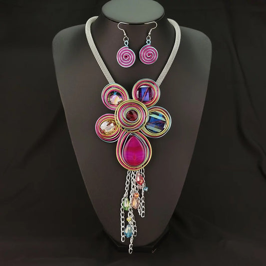 Bohemian Rhinestones Colourful Twisted Wire Tribal Ethnic Statement Pendant Neck