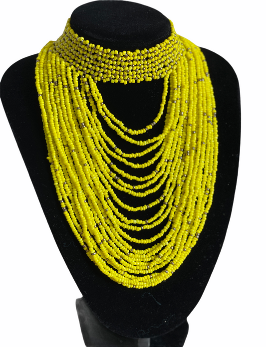 Handmade African Yellow Beaded Choker Necklace UK - Fatisha Boutique #