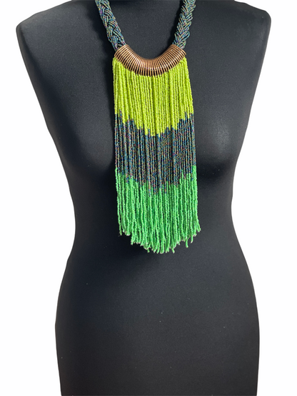 Authentic Green African Beaded Tribal Ethnic Fringe Tassel Brass Pendant