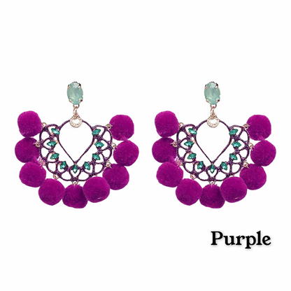 Bohemian Fan Shaped Pom Pom Balls Colourful Rhinestones Retro Earrings