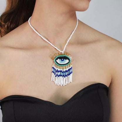 Tribal Ethnic Style Beaded Eye Tassel Pendant Disc Necklace
