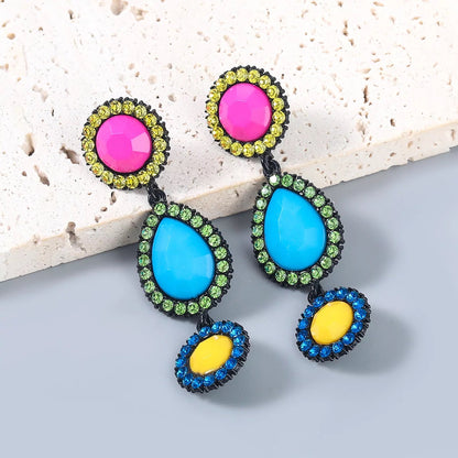 Long Bohemian Multicoloured Resin Rhinestones Beads Teardrop Dangle Earrings