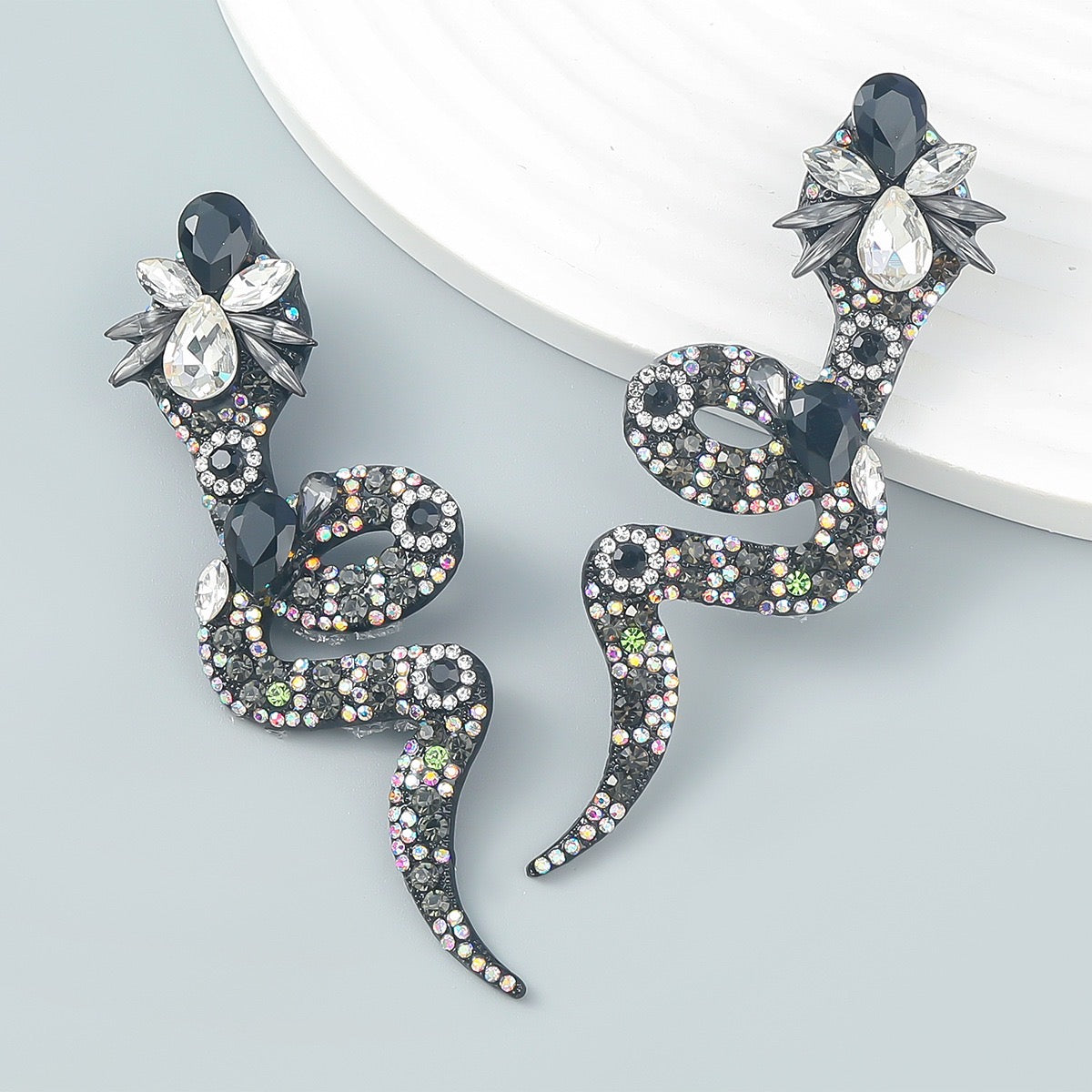 Long Glamorous Diamante Rhinestone Snake Statement Stud Earrings