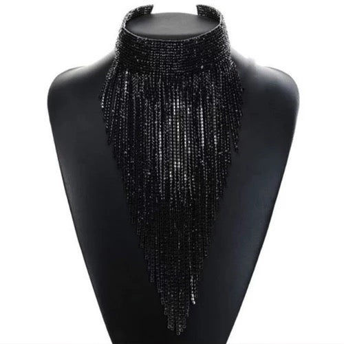 Elegant Rhinestones Sparkling Crystal Long Tassels Choker Necklace