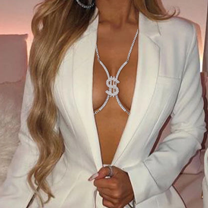 Crystal Rhinestone Dollar SignCentred Bra Bracket Underwear Statement Body Chain