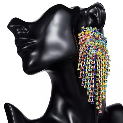 Multicolour Glamorous Statement Diamante Rhinestone Tassel Stud Earrings