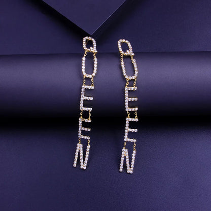 QUEEN Statement Long Crystal Diamante Rhinestone Tassel Earrings
