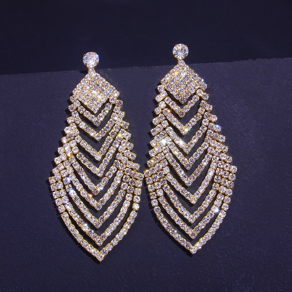 Glamorous Crystals Diamante Rhinestone Leaf Dangle Drop Earrings
