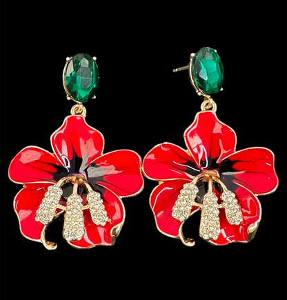 Gorgeous Red Flower Design Metal Rhinestone Statement Dangle Earrings
