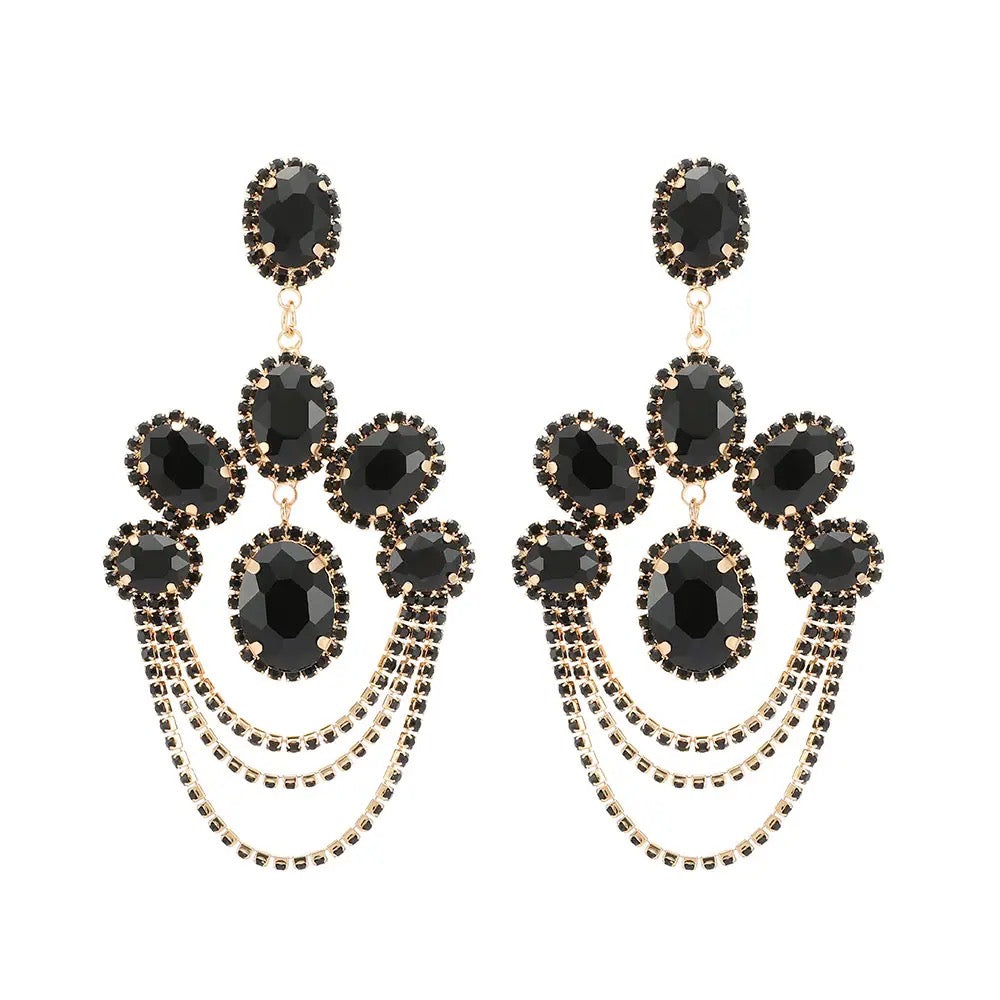 Elegant Diamante Rhinestone Sparkle Tassels Stud Statement Earrings