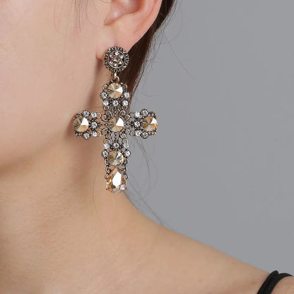 Crystal Sparkling Rhinestone Diamante Cross Statement Earrings