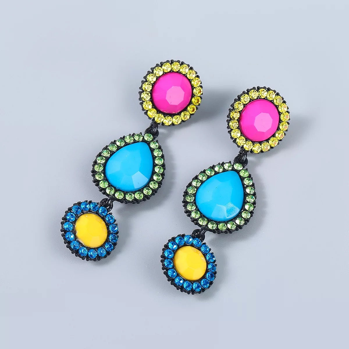 Long Bohemian Multicoloured Resin Rhinestones Beads Teardrop Dangle Earrings