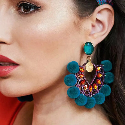 Bohemian Fan Shaped Pom Pom Balls Colourful Rhinestones Retro Earrings